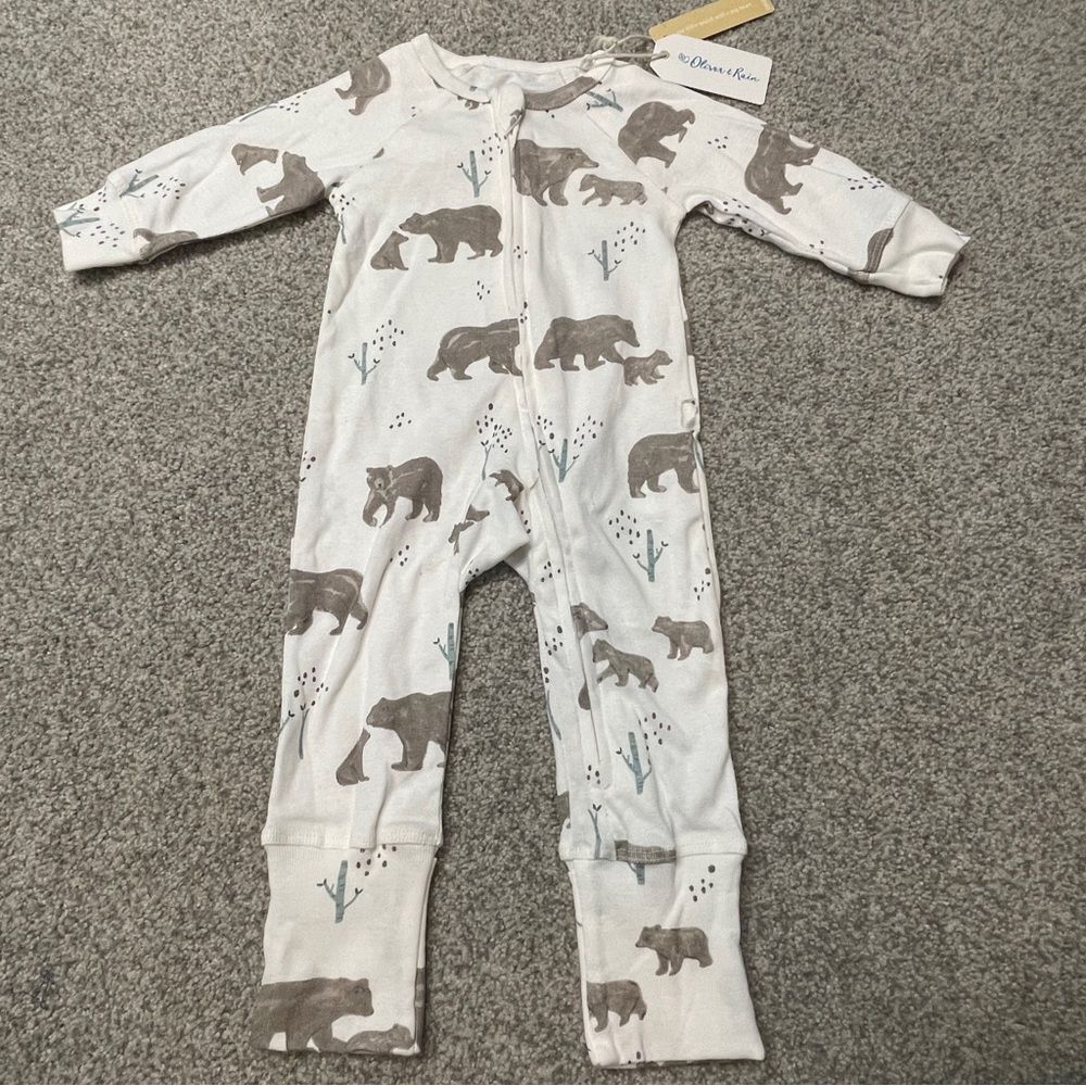 Cream Bear-Print Zip Baby Organic Cotton One-Piece